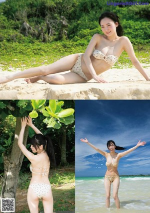 A woman in a bikini posing under a tree.