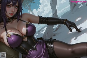 A woman in a purple outfit sitting in the woods.