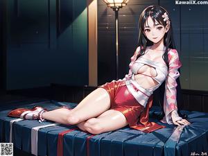 A woman in a kimono sitting on a bed.