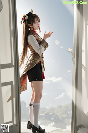 A woman in a brown and black outfit standing on a white couch.