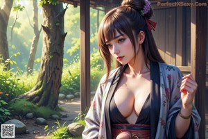 A woman in a red kimono is posing naked in the woods.