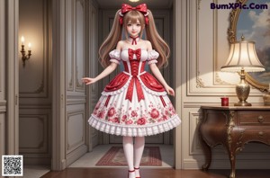 A woman in a white dress and red shoes posing for a picture.