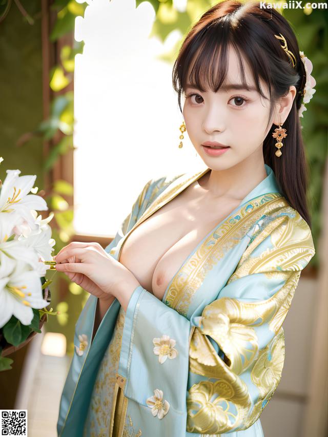 A woman in a blue and gold kimono holding a flower.