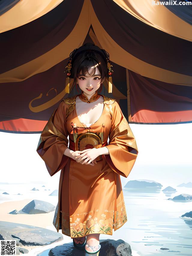 A woman in a kimono standing in front of a tent.