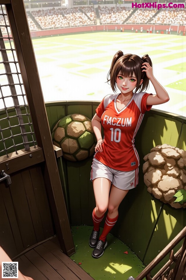 A woman in a red and white soccer uniform standing next to a soccer ball.